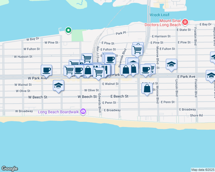 map of restaurants, bars, coffee shops, grocery stores, and more near 1 East Olive Street in Long Beach