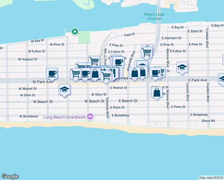 map of restaurants, bars, coffee shops, grocery stores, and more near 1 East Olive Street in Long Beach