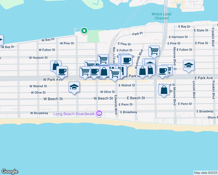 map of restaurants, bars, coffee shops, grocery stores, and more near 27 West Olive Street in Long Beach