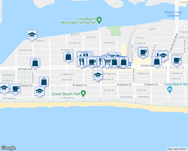 map of restaurants, bars, coffee shops, grocery stores, and more near 233 West Olive Street in Long Beach