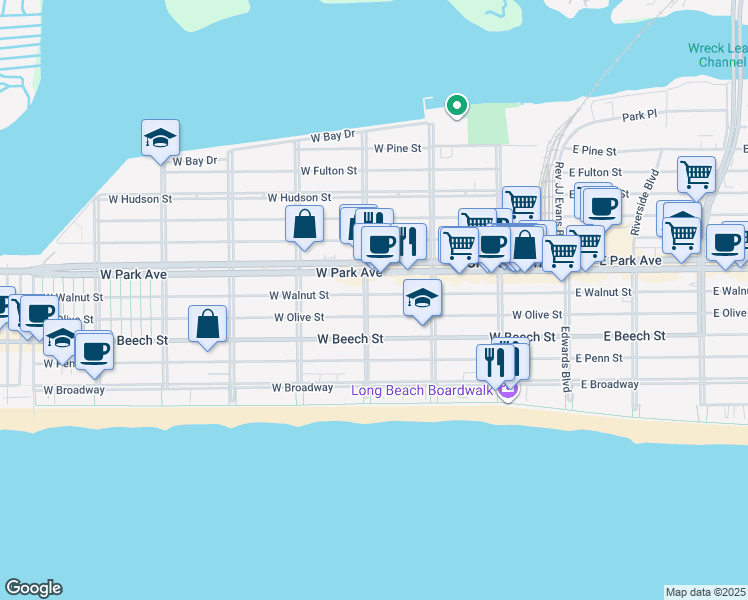 map of restaurants, bars, coffee shops, grocery stores, and more near 271 West Olive Street in Long Beach