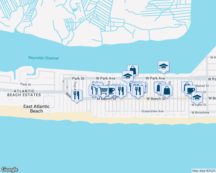 map of restaurants, bars, coffee shops, grocery stores, and more near 75 Connecticut Avenue in Long Beach