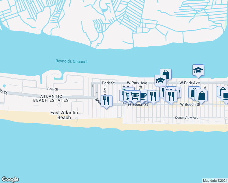 map of restaurants, bars, coffee shops, grocery stores, and more near 74 Rochester Avenue in East Atlantic Beach