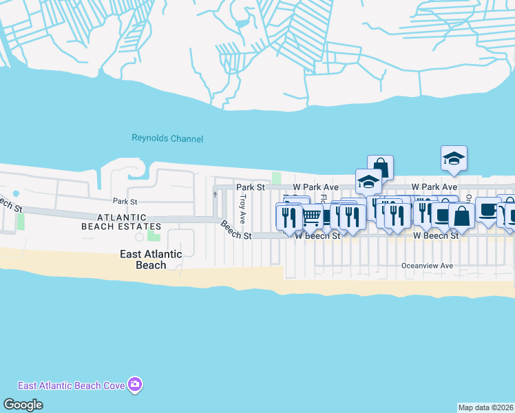 map of restaurants, bars, coffee shops, grocery stores, and more near 74 Rochester Avenue in East Atlantic Beach