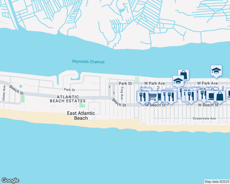 map of restaurants, bars, coffee shops, grocery stores, and more near 56 Malone Avenue in East Atlantic Beach