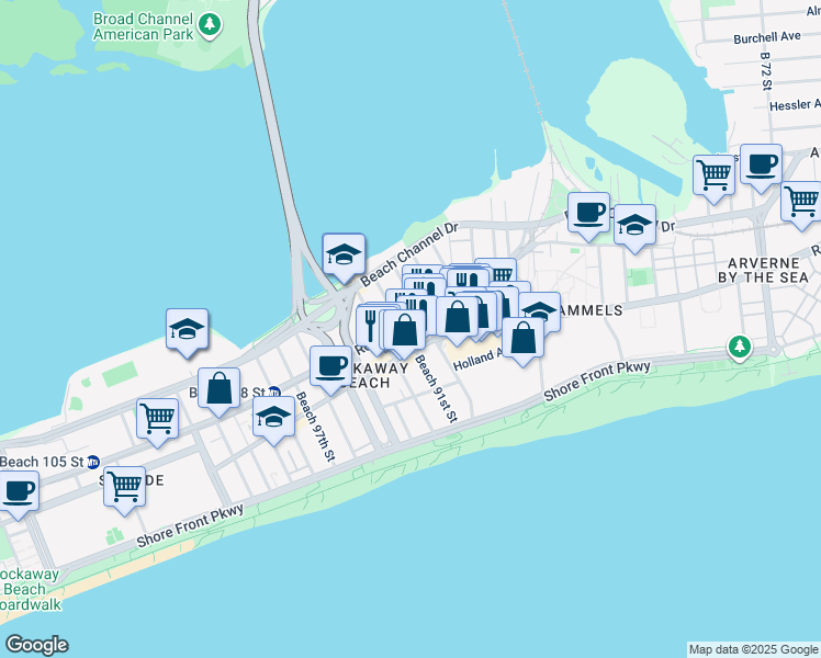 map of restaurants, bars, coffee shops, grocery stores, and more near 209 Beach 91st Street in Queens