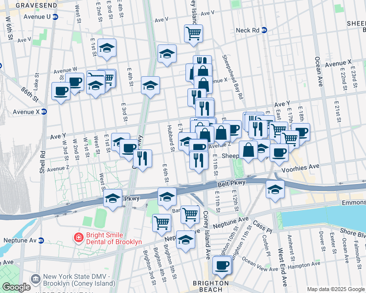 map of restaurants, bars, coffee shops, grocery stores, and more near 2602 East 7th Street in Brooklyn