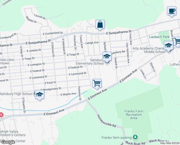 map of restaurants, bars, coffee shops, grocery stores, and more near 1711 Tweed Avenue in Allentown