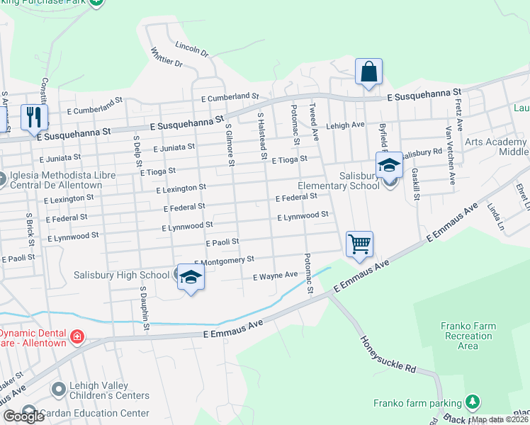 map of restaurants, bars, coffee shops, grocery stores, and more near 724 East Lynnwood Street in Allentown