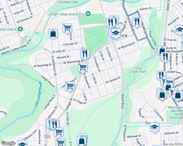 map of restaurants, bars, coffee shops, grocery stores, and more near 1201 South 10th Street in Allentown