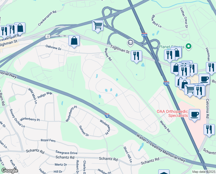 map of restaurants, bars, coffee shops, grocery stores, and more near 600 Werley Road in Allentown
