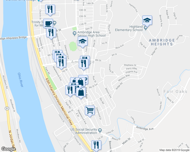 map of restaurants, bars, coffee shops, grocery stores, and more near 526 Pine Street in Ambridge