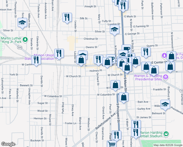 map of restaurants, bars, coffee shops, grocery stores, and more near 310 West Church Street in Marion