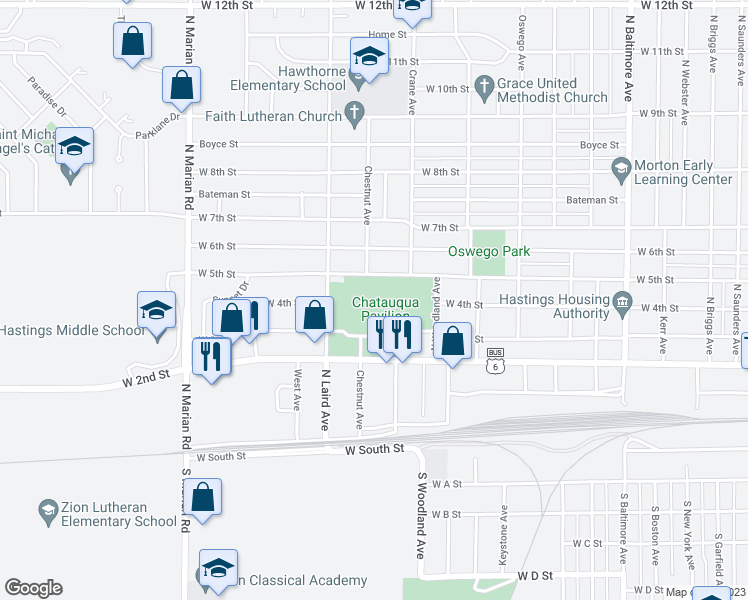map of restaurants, bars, coffee shops, grocery stores, and more near West 5th Street in Hastings