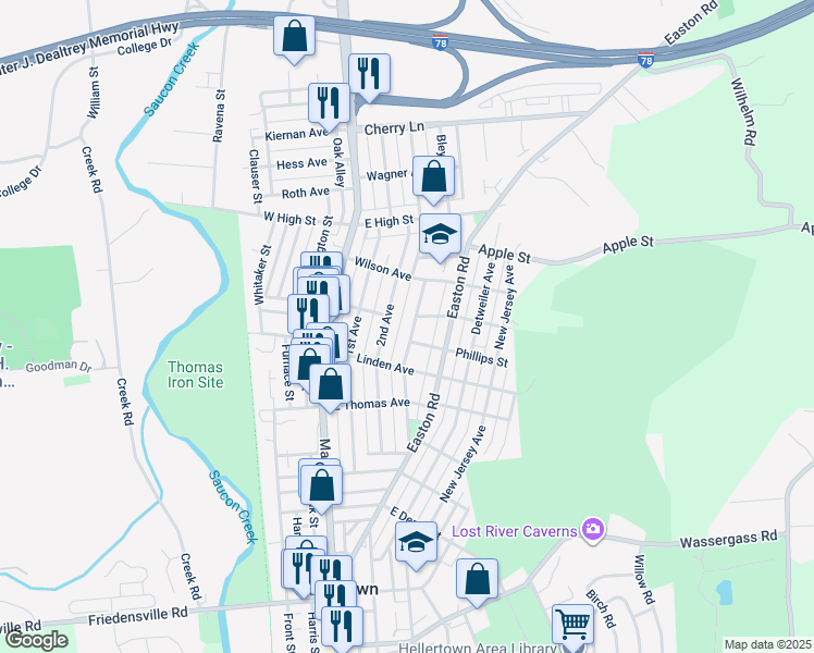 map of restaurants, bars, coffee shops, grocery stores, and more near 1250 3rd Avenue in Hellertown