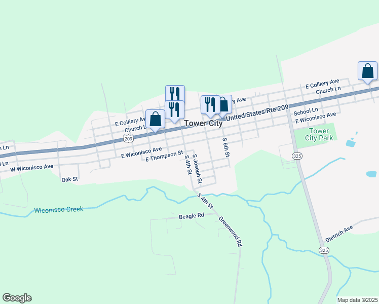 map of restaurants, bars, coffee shops, grocery stores, and more near 105 South 4th Street in Tower City