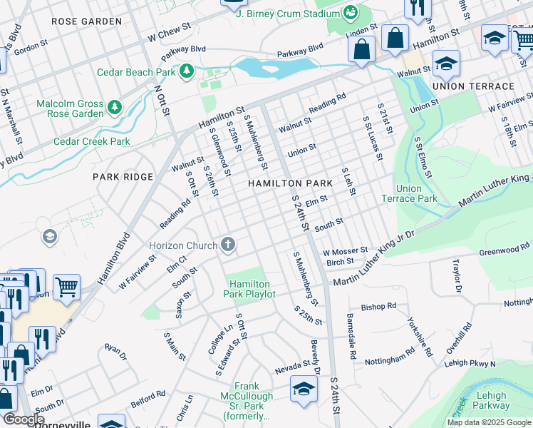 map of restaurants, bars, coffee shops, grocery stores, and more near 406 South 25th Street in Allentown