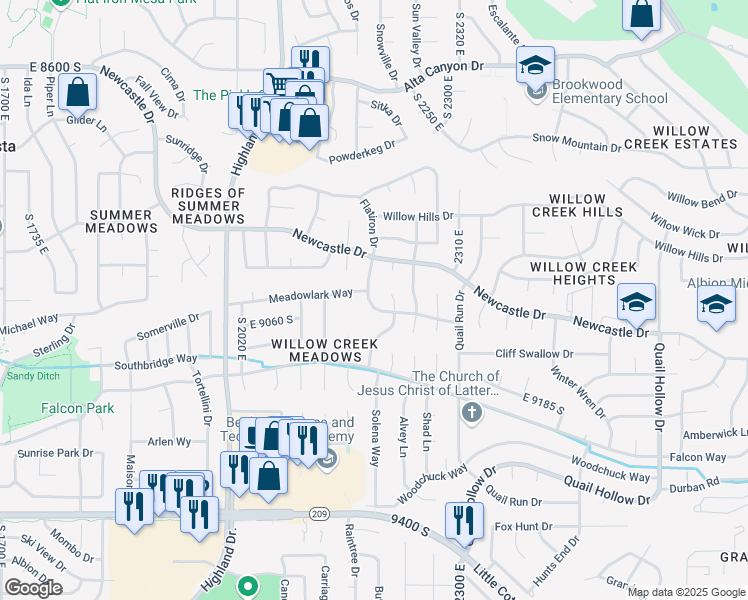 map of restaurants, bars, coffee shops, grocery stores, and more near 9013 South 2190 East in Sandy