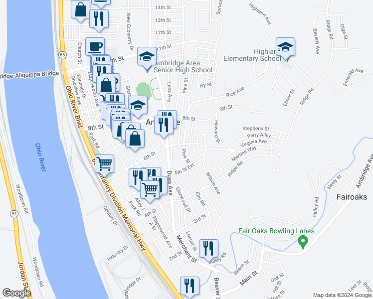 map of restaurants, bars, coffee shops, grocery stores, and more near 540 Pine Street in Ambridge