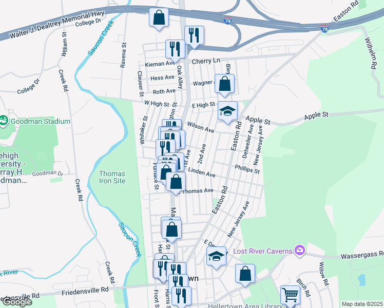 map of restaurants, bars, coffee shops, grocery stores, and more near 1241 1st Avenue in Hellertown