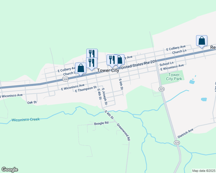 map of restaurants, bars, coffee shops, grocery stores, and more near 124 South 5th Street in Tower City