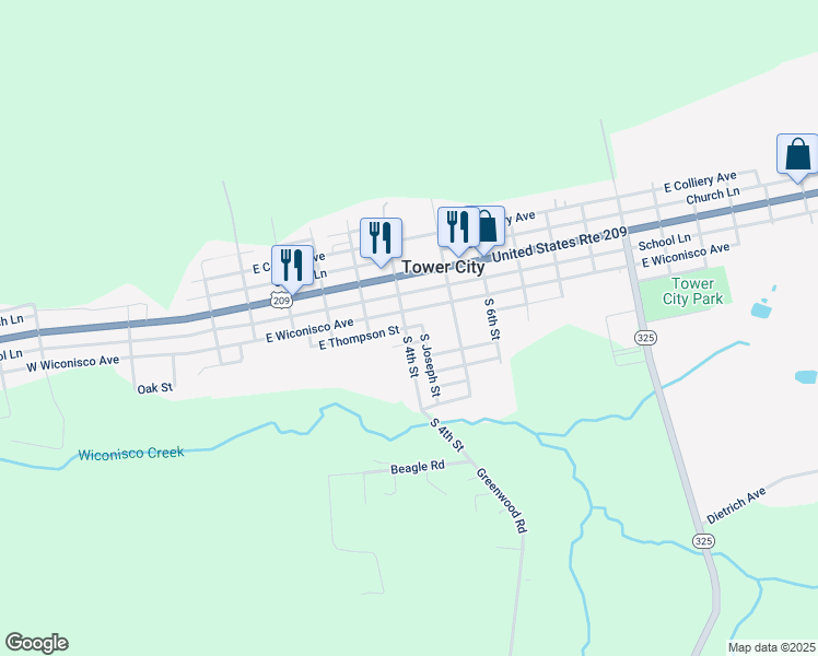 map of restaurants, bars, coffee shops, grocery stores, and more near 105 South 4th Street in Tower City