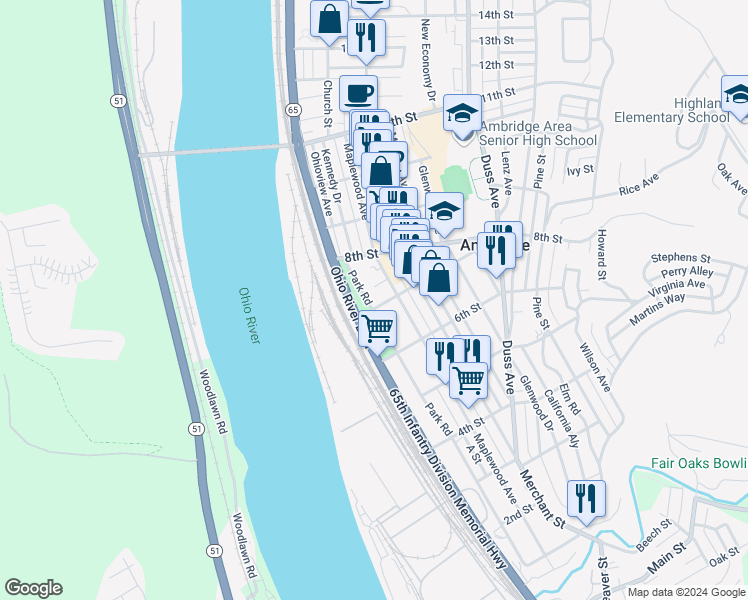 map of restaurants, bars, coffee shops, grocery stores, and more near 706 Park Road in Ambridge