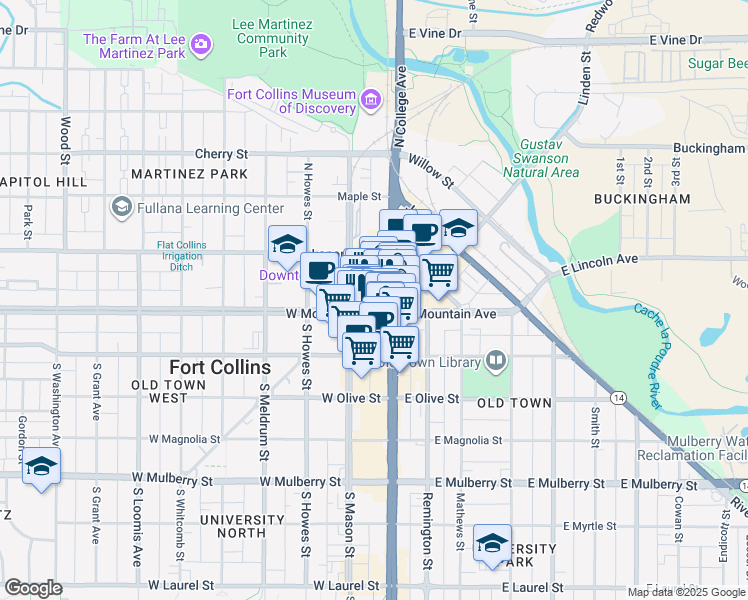 map of restaurants, bars, coffee shops, grocery stores, and more near 143 West Mountain Avenue in Fort Collins