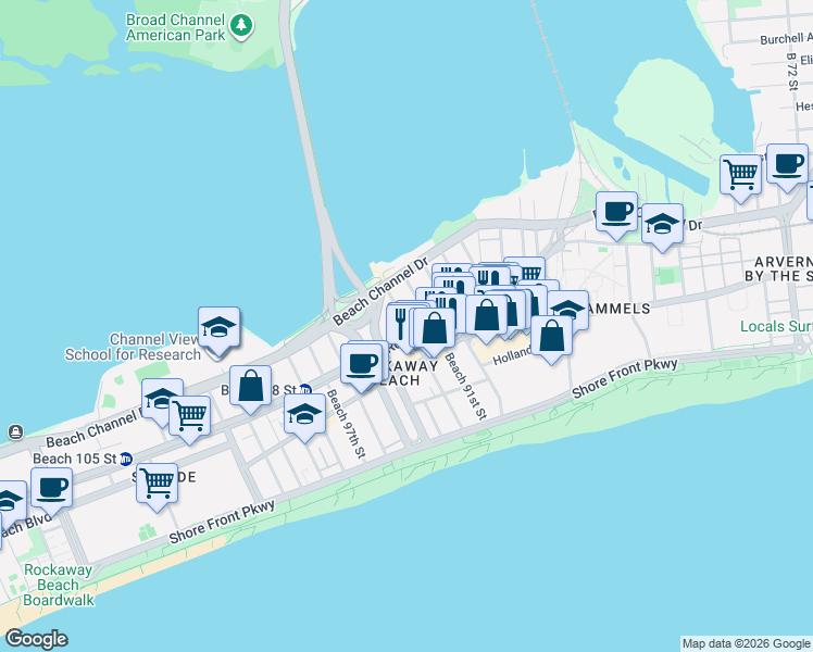 map of restaurants, bars, coffee shops, grocery stores, and more near 92- 16 Rockaway Freeway in Queens