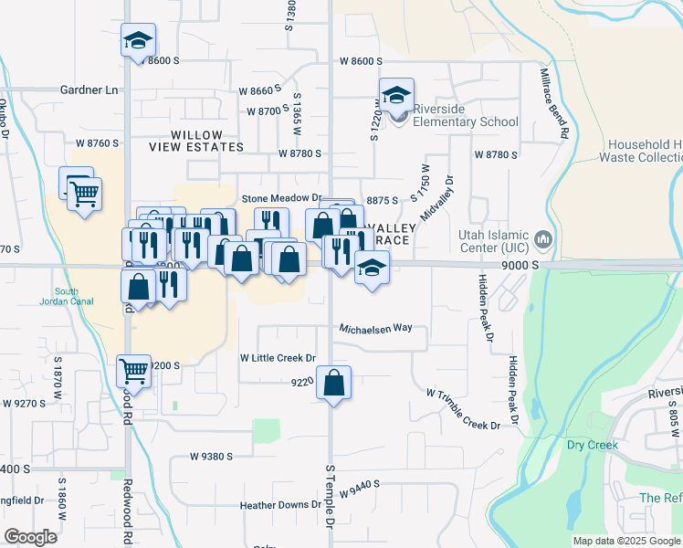 map of restaurants, bars, coffee shops, grocery stores, and more near 1285 9000 South in West Jordan
