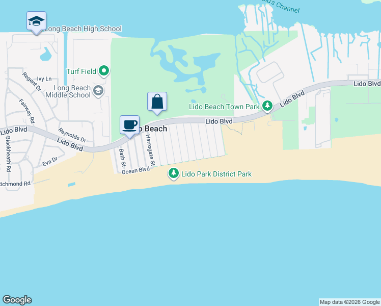 map of restaurants, bars, coffee shops, grocery stores, and more near 82 Woodhail Street in Lido Beach