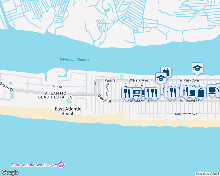 map of restaurants, bars, coffee shops, grocery stores, and more near 71 Troy Avenue in East Atlantic Beach
