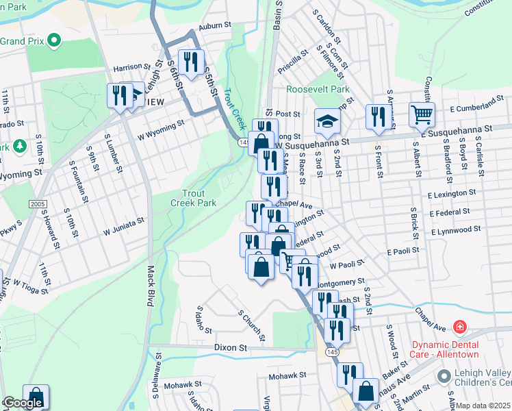 map of restaurants, bars, coffee shops, grocery stores, and more near 499 Chapel Avenue in Allentown