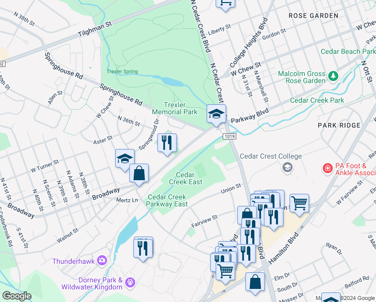 map of restaurants, bars, coffee shops, grocery stores, and more near 3412 Broadway in Allentown