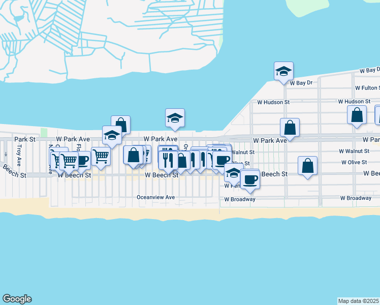 map of restaurants, bars, coffee shops, grocery stores, and more near 78 Arizona Avenue in Long Beach
