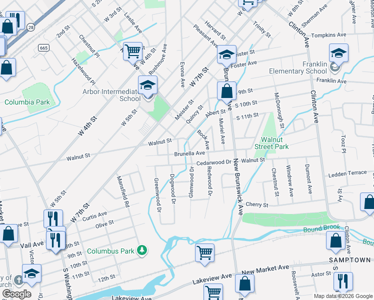 map of restaurants, bars, coffee shops, grocery stores, and more near 1725 Brunella Avenue in Piscataway