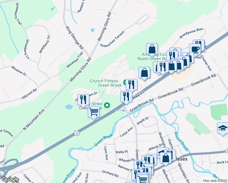map of restaurants, bars, coffee shops, grocery stores, and more near 1007 Robin Court in Green Brook Township
