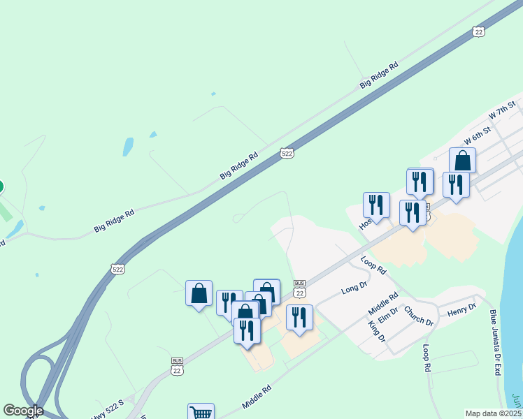map of restaurants, bars, coffee shops, grocery stores, and more near 155 Peace Drive in Lewistown