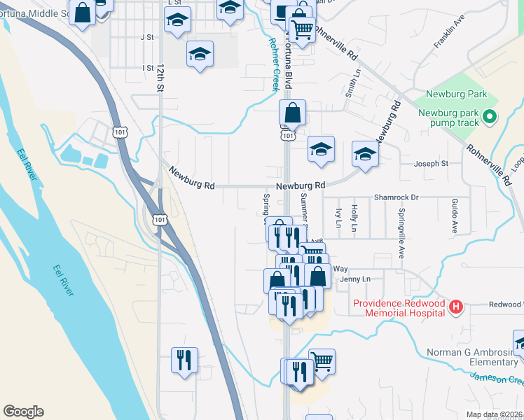 map of restaurants, bars, coffee shops, grocery stores, and more near 483 South 16th Street in Fortuna