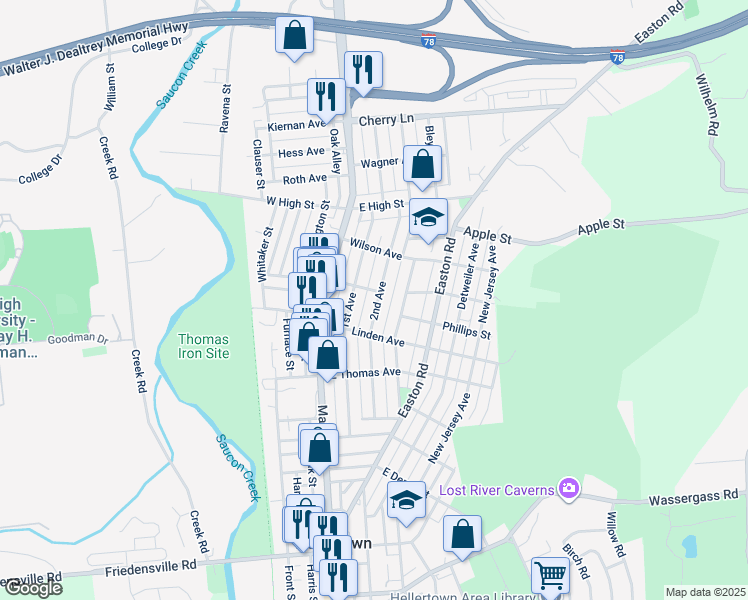 map of restaurants, bars, coffee shops, grocery stores, and more near 1254 2nd Avenue in Hellertown