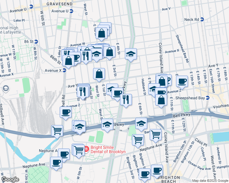 map of restaurants, bars, coffee shops, grocery stores, and more near 15 Brighton Court in Brooklyn