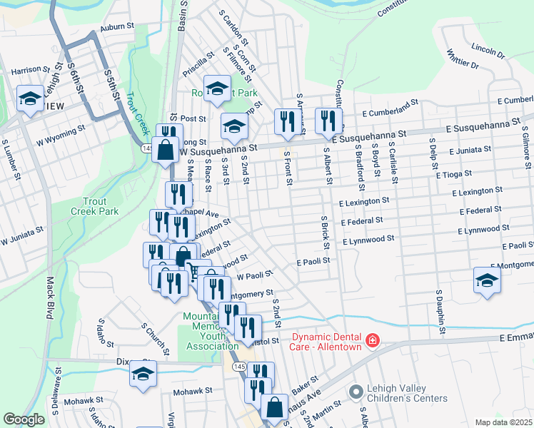 map of restaurants, bars, coffee shops, grocery stores, and more near 141 West Federal Street in Allentown