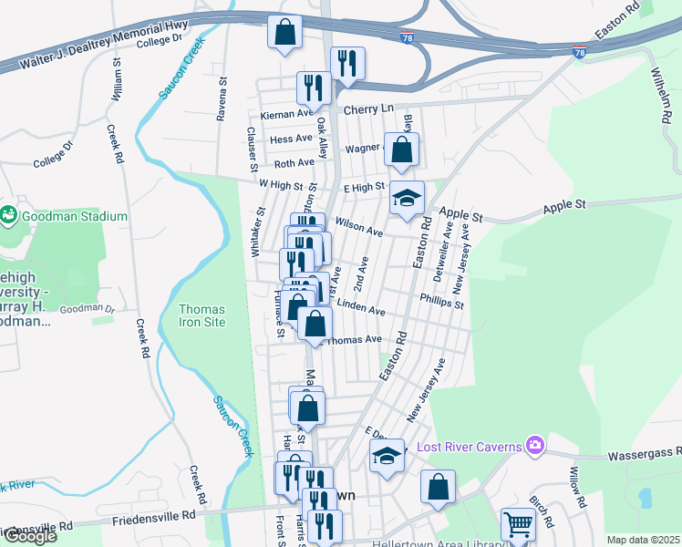 map of restaurants, bars, coffee shops, grocery stores, and more near 1241 1st Avenue in Hellertown