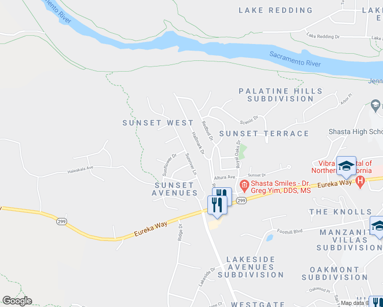 map of restaurants, bars, coffee shops, grocery stores, and more near 911 Sunriver Lane in Redding