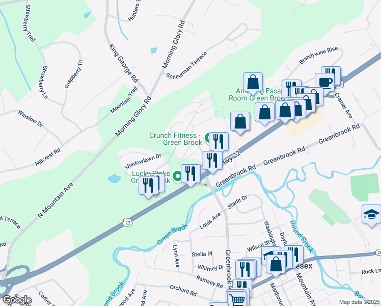 map of restaurants, bars, coffee shops, grocery stores, and more near 1007 Robin Court in Green Brook Township