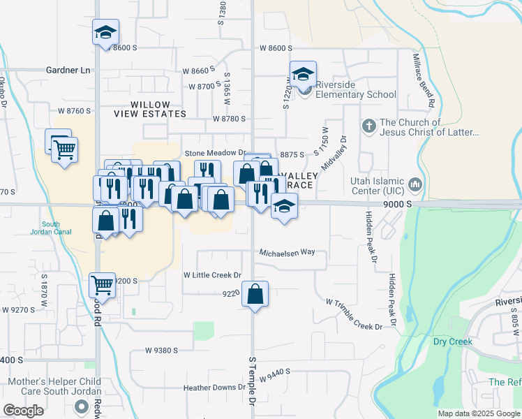 map of restaurants, bars, coffee shops, grocery stores, and more near 1285 9000 South in West Jordan