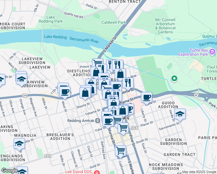map of restaurants, bars, coffee shops, grocery stores, and more near in Redding