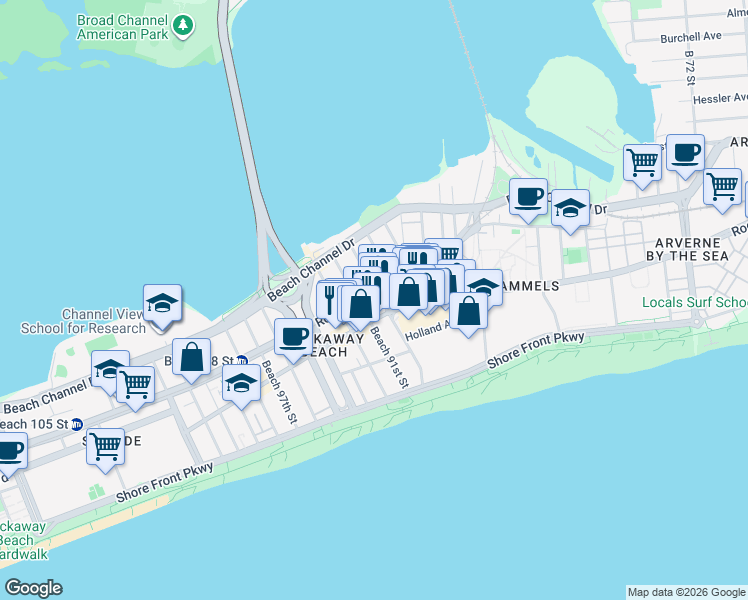 map of restaurants, bars, coffee shops, grocery stores, and more near 209 Beach 91st Street in Queens