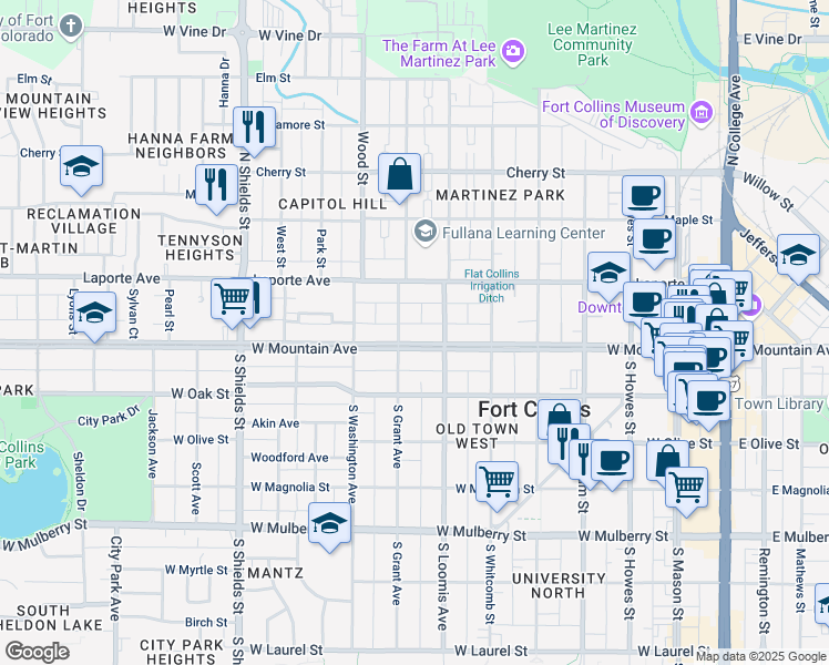 map of restaurants, bars, coffee shops, grocery stores, and more near 711 West Mountain Avenue in Fort Collins