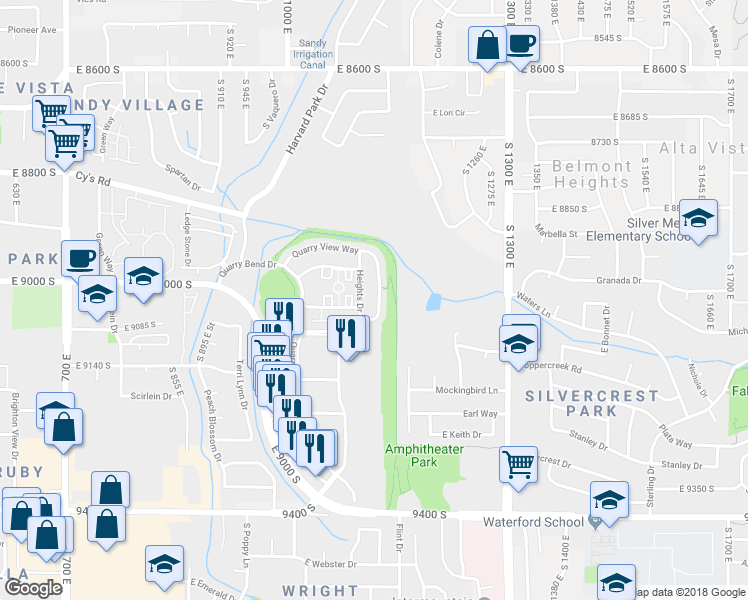map of restaurants, bars, coffee shops, grocery stores, and more near 9012 Quarry Stone Way in Sandy
